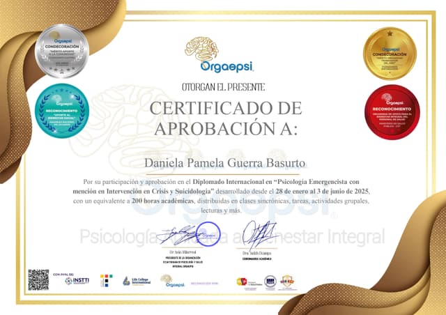 Certificado de Diplomado Internacional en "Psicología Emergencista, Intervención en Crisis y Suicidología"