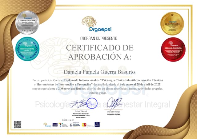 Certificado de Diplomado Internacional en "Psicología Clínica Infantil con mención Técnicas y Herramientas de Intervención y Prevención"