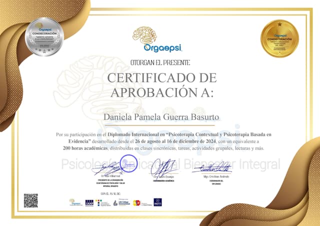 Certificado de Diplomado internacional en "Psicoterapia Basada en Evidencia y Psicoterapia Contextual"